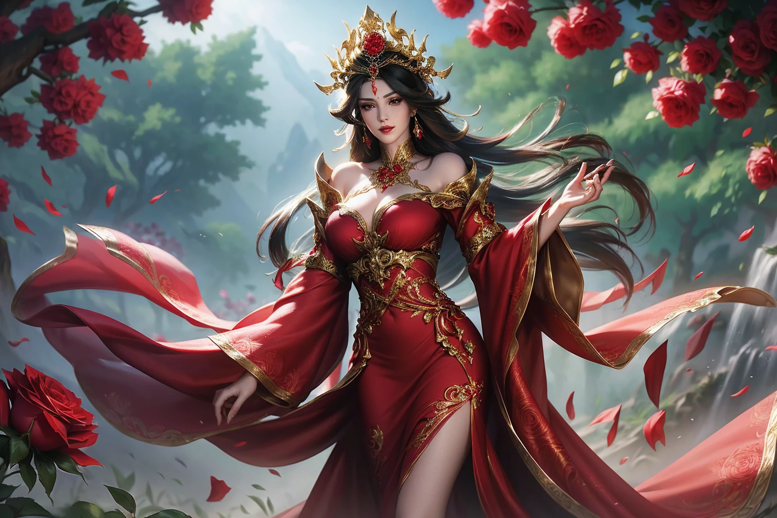 A beautiful gypsy woman with long black hair, wearing a long red dress adorned with intricate details of red roses, standing in a lush garden setting, (best quality,4k,8k,highres,masterpiece:1.2),ultra-detailed,(realistic,photorealistic,photo-realistic:1.37),portrait,cinematic lighting,dramatic chiaroscuro,vibrant colors,intricate details,elegant,graceful,cinematic composition
