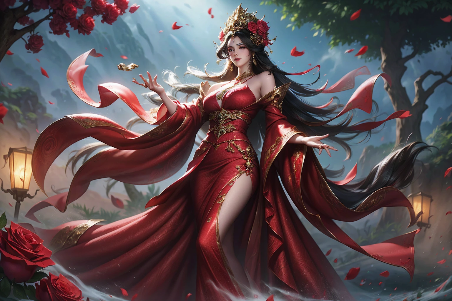 A beautiful gypsy woman with long black hair, wearing a long red dress adorned with intricate details of red roses, standing in a lush garden setting, (best quality,4k,8k,highres,masterpiece:1.2),ultra-detailed,(realistic,photorealistic,photo-realistic:1.37),portrait,cinematic lighting,dramatic chiaroscuro,vibrant colors,intricate details,elegant,graceful,cinematic composition