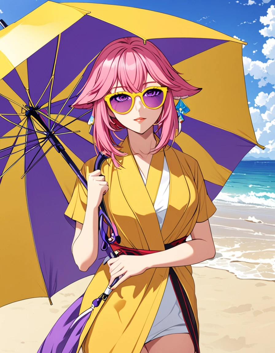 yae miko wearing stylish yellow sunglasses, Holding an umbrella, Pink Hair, Purple Eyes, beach