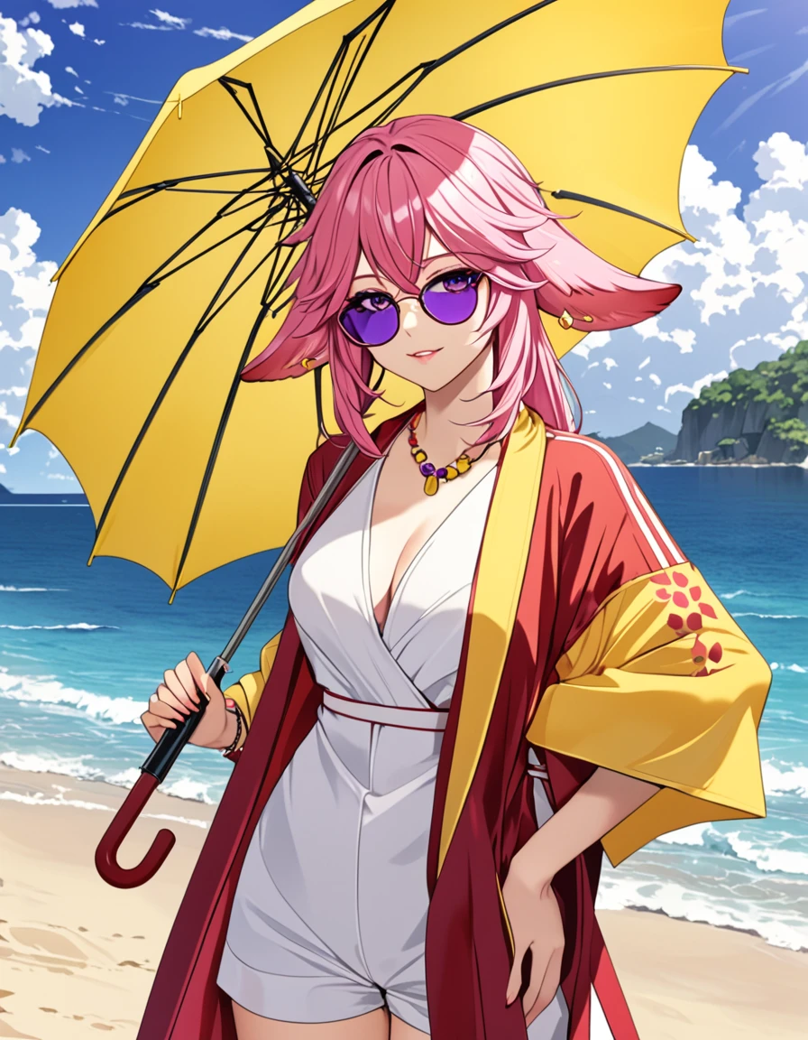 yae miko wearing stylish yellow sunglasses, Holding an umbrella, Pink Hair, Purple Eyes, beach