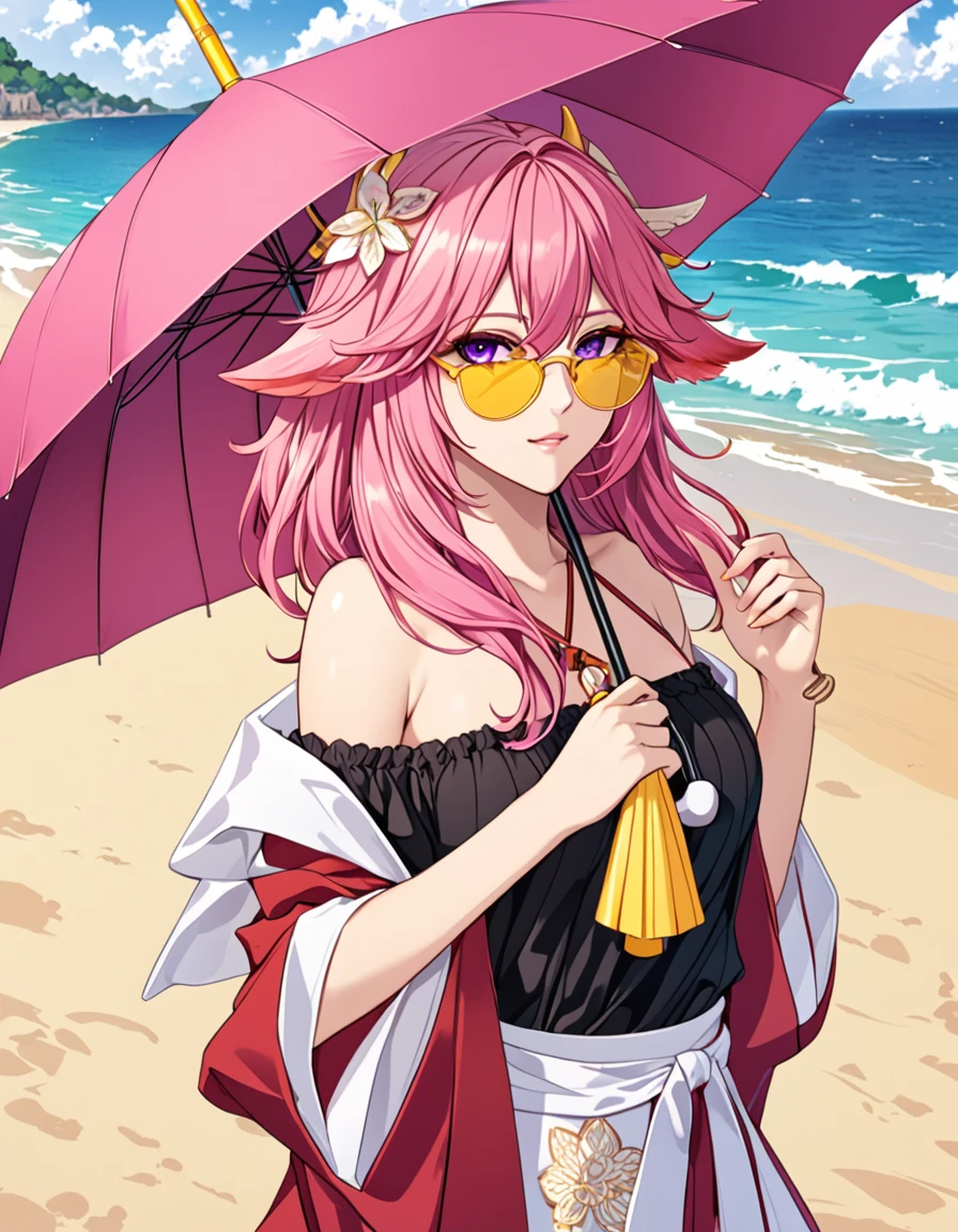 yae miko wearing stylish yellow sunglasses, Holding an umbrella, Pink Hair, Purple Eyes, beach