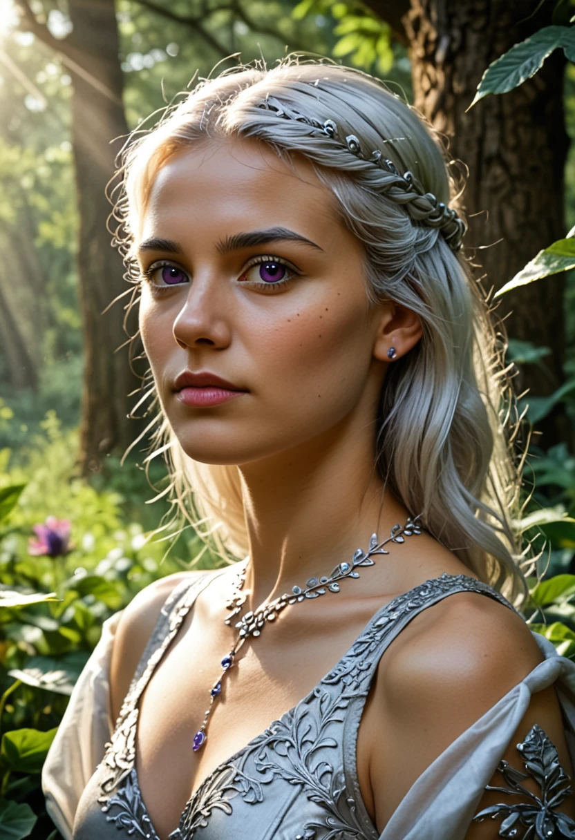 a beautiful woman with long silver white hair,piercing violet eyes,detailed face,pale skin,high cheekbones,delicate features,wearing a flowing silver dress,standing in a serene meadow with lush green grass and wildflowers,sunlight streaming through the trees,an air of grace and elegance,(best quality,8k,highres,masterpiece:1.2),ultra-detailed,(realistic,photorealistic,photo-realistic:1.37),digital painting,cinematic lighting,dramatic colors,fantasy,portrait
