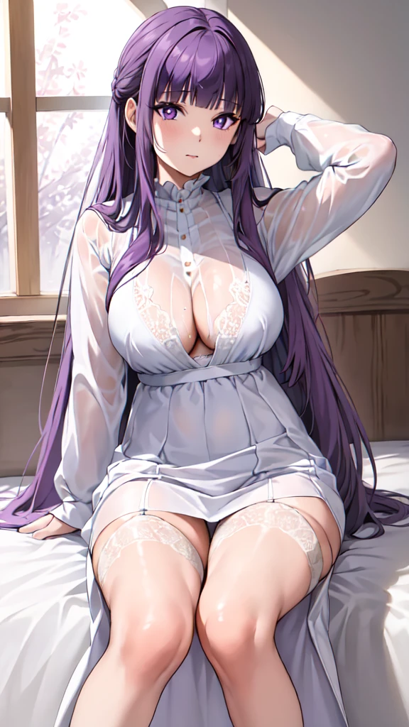 masterpiece, Highest quality, High resolution, Arfern, Long Hair, Purple Hair, Blunt bangs, Purple eyes, Large Breasts, (Long dress), (White Dress:1.3), (Long sleeve), Sitting,White Bra,arm behind head,wet cloth, Bedroom,(Puffing one's cheeks), Cowboy Shot,(See-through:1.0),(Underwear standing:1.3)