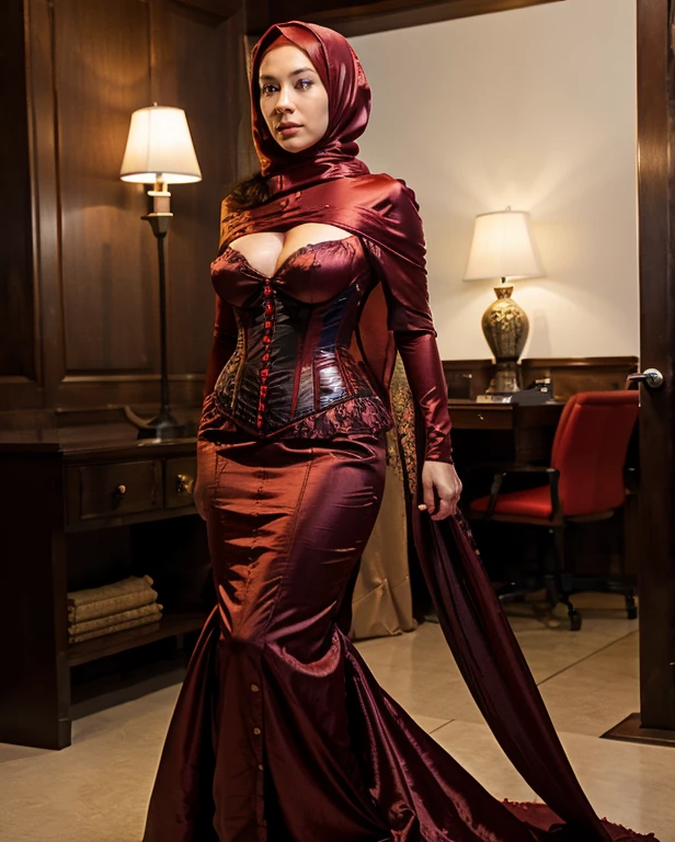 a beautiful woman in the silk red sack, mummified, satin silk sheet, nipple on, tight skirt, wear corset brest open, wear satin hijab, satin long veil, full body, long satin,mermaid tight long gown, detail face, full detail and beauty asian face,tall women, high definition detail body, high definition detail face, standing position ,strugling to walk, super sexy, arm tied with satin fabric, dramatic long tail dress, High Detail, Sharp focus, full body photo, Ithlinni