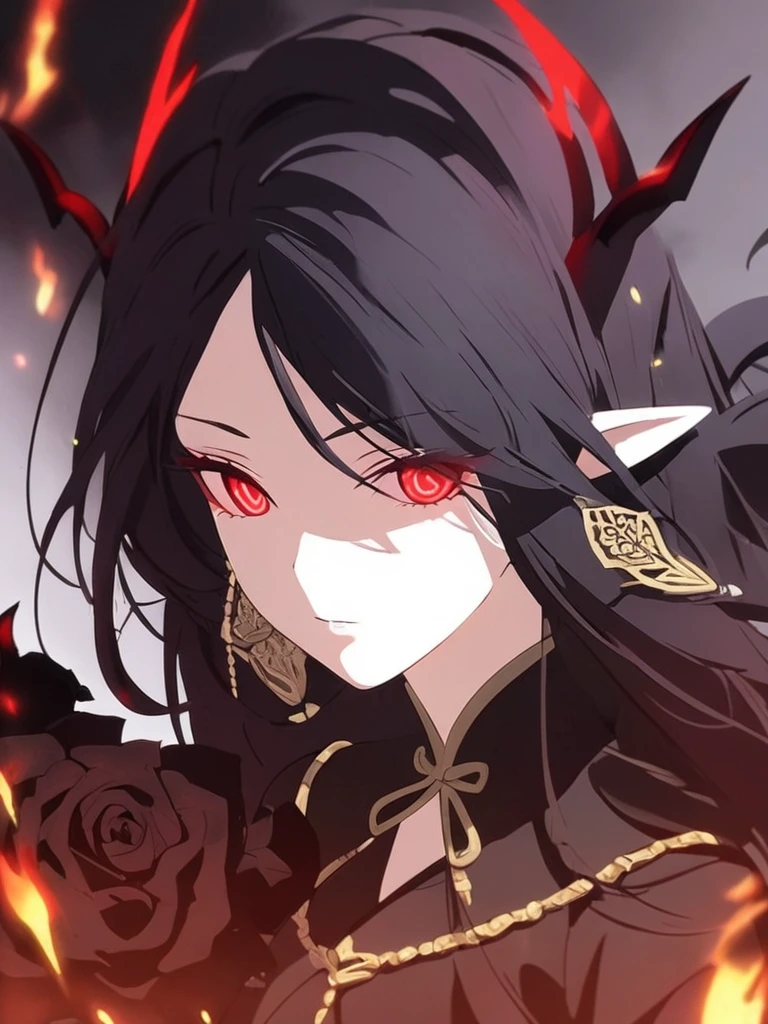 1woman, seriy, elven ears, dark god, fire black hair, longest hairstyle, glowing red eyes, black rose, black Knight, elegant, traditional thai costume,