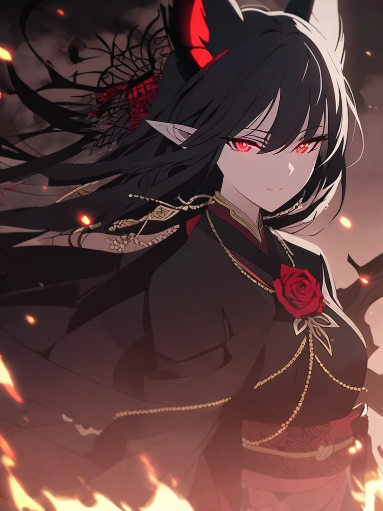 1woman, seriy, elven ears, dark god, fire black hair, longest hairstyle, glowing red eyes, black rose, black Knight, elegant, traditional thai costume,