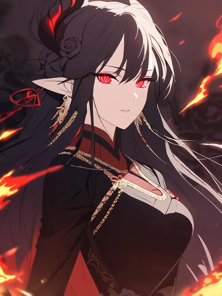 1woman, seriy, elven ears, dark god, fire black hair, longest hairstyle, glowing red eyes, black rose, black Knight, elegant, traditional thai costume,
