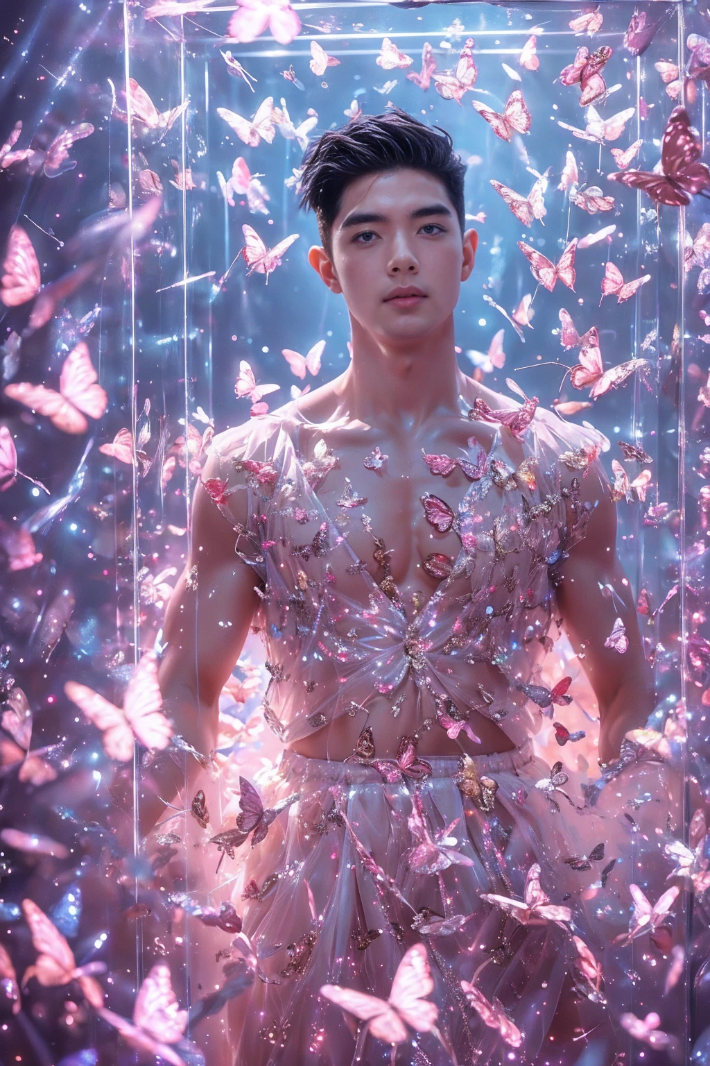 (8K, RAW photo, Highest quality) masterpiece, 1 young boy, 18 years old, Asian muscular man Look at viewer, standing forward, showing his huge muscular breasts, puffy nipples, sexy six packs, narrow waist, Handsome, Topless, Thick body hair, man wearing thong underwear , butterflies on his body, butterflies flying through the air, gradient background, Sparkle & Sequin Backdrops , cinematic lighting, UHD