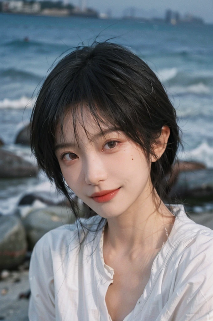 1 girl，short hair,Smile,serene, calm,White shirt，Moles under the eyes,Exquisite eyes, Delicate face,Lipstick,earrings,Hair details, (Large Breasts:1.0),outdoor,Seaside background，seaside，(Skin details:1.4),(Realistic and detailed eyes：1.2）, Natural skin texture, Realistic facial details,Close-up of face,Portrait Photography,(Portrait Photography:1.1), (smooth skin textures:1.3), (Highest quality real skin textures:1.4), Direct vision,Soft dramatic lighting, Vivid details, 35 mm film, (Photo Practical:1.4), (hyper Practical:1.4), (Practical:1.3), (Smoother lighting:1.05), (Improve lighting quality:0.9), (Enhance the beauty of skin texture:1.1), Depth of Field, Bokeh, Surrealism, Ray Tracing, ( Surrealism, High Detail, Chiaroscuro, Ray Tracing, reflected light, Ultra HD, Ultra HD, masterpiece, Textured Skin, Super Detail, High Detail, high quality, best quality