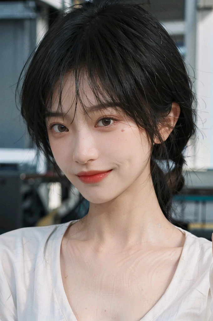 1 girl，short hair,Smile,serene, calm,White shirt，Moles under the eyes,Exquisite eyes, Delicate face,Lipstick,earrings,Hair details, (Large Breasts:1.0),outdoor,Seaside background，seaside，(Skin details:1.4),(Realistic and detailed eyes：1.2）, Natural skin texture, Realistic facial details,Close-up of face,Portrait Photography,(Portrait Photography:1.1), (smooth skin textures:1.3), (Highest quality real skin textures:1.4), Direct vision,Soft dramatic lighting, Vivid details, 35 mm film, (Photo Practical:1.4), (hyper Practical:1.4), (Practical:1.3), (Smoother lighting:1.05), (Improve lighting quality:0.9), (Enhance the beauty of skin texture:1.1), Depth of Field, Bokeh, Surrealism, Ray Tracing, ( Surrealism, High Detail, Chiaroscuro, Ray Tracing, reflected light, Ultra HD, Ultra HD, masterpiece, Textured Skin, Super Detail, High Detail, high quality, best quality