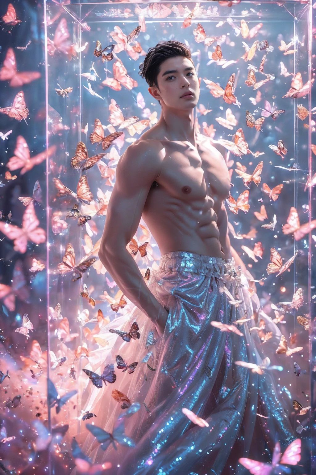 (8K, RAW photo, Highest quality) masterpiece, 1 young boy, 18 years old, Asian muscular man Look at viewer, standing forward, showing his huge muscular breasts, puffy nipples, sexy six packs, narrow waist, Handsome, Topless, Thick body hair, man wearing thong underwear , butterflies on his body, butterflies flying through the air, gradient background, Sparkle & Sequin Backdrops , cinematic lighting, UHD