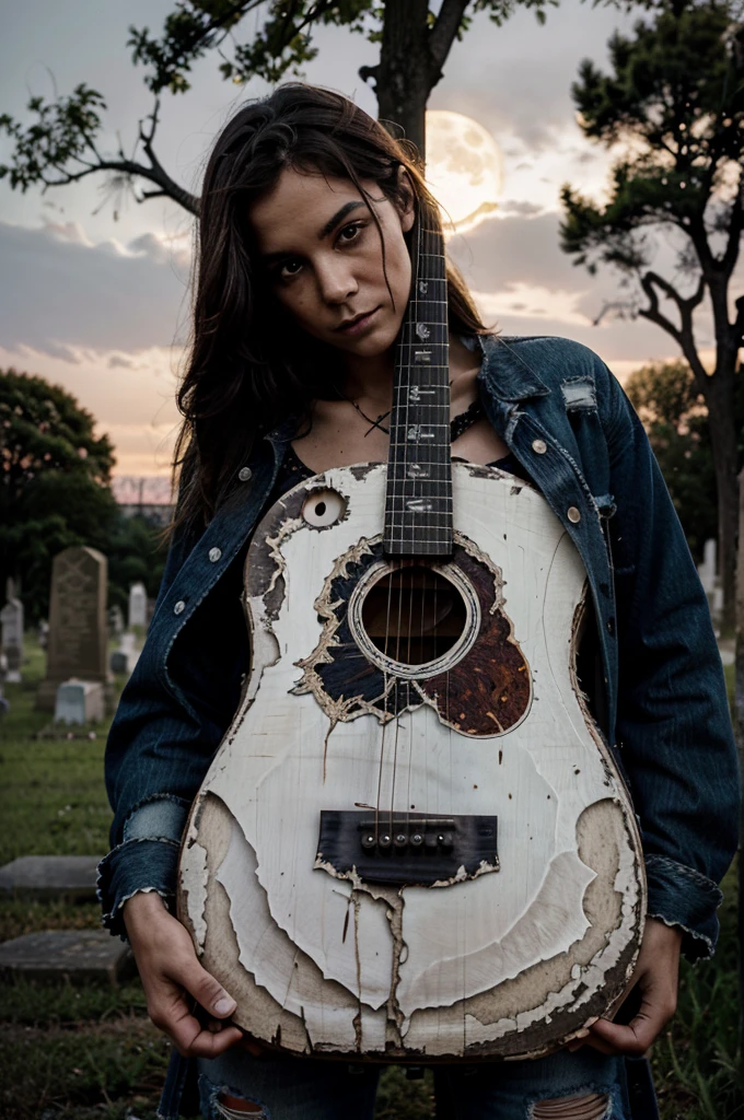 human skull.torn clothes. playing the guitar. in the cemetery. evening. full moon. dead tree. stand.