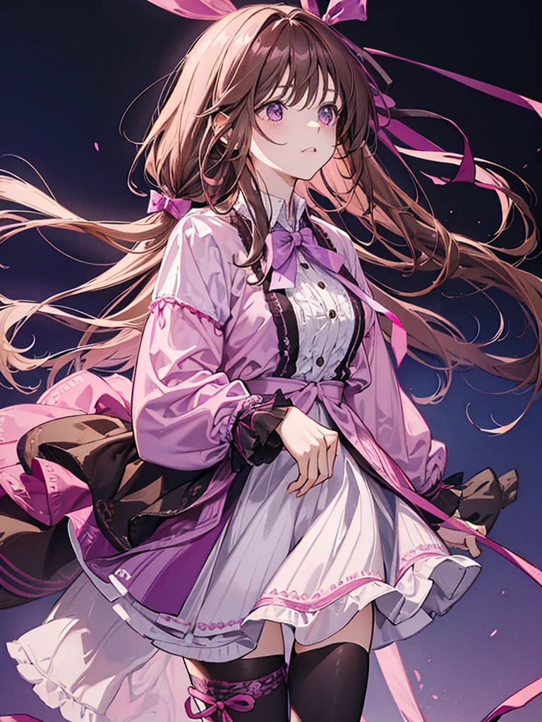 A Girl with long brown hair tied at the back with pink and purple ribbons, wearing a pink shirt with a collar and long sleeves. Wearing loose shorts She is cute