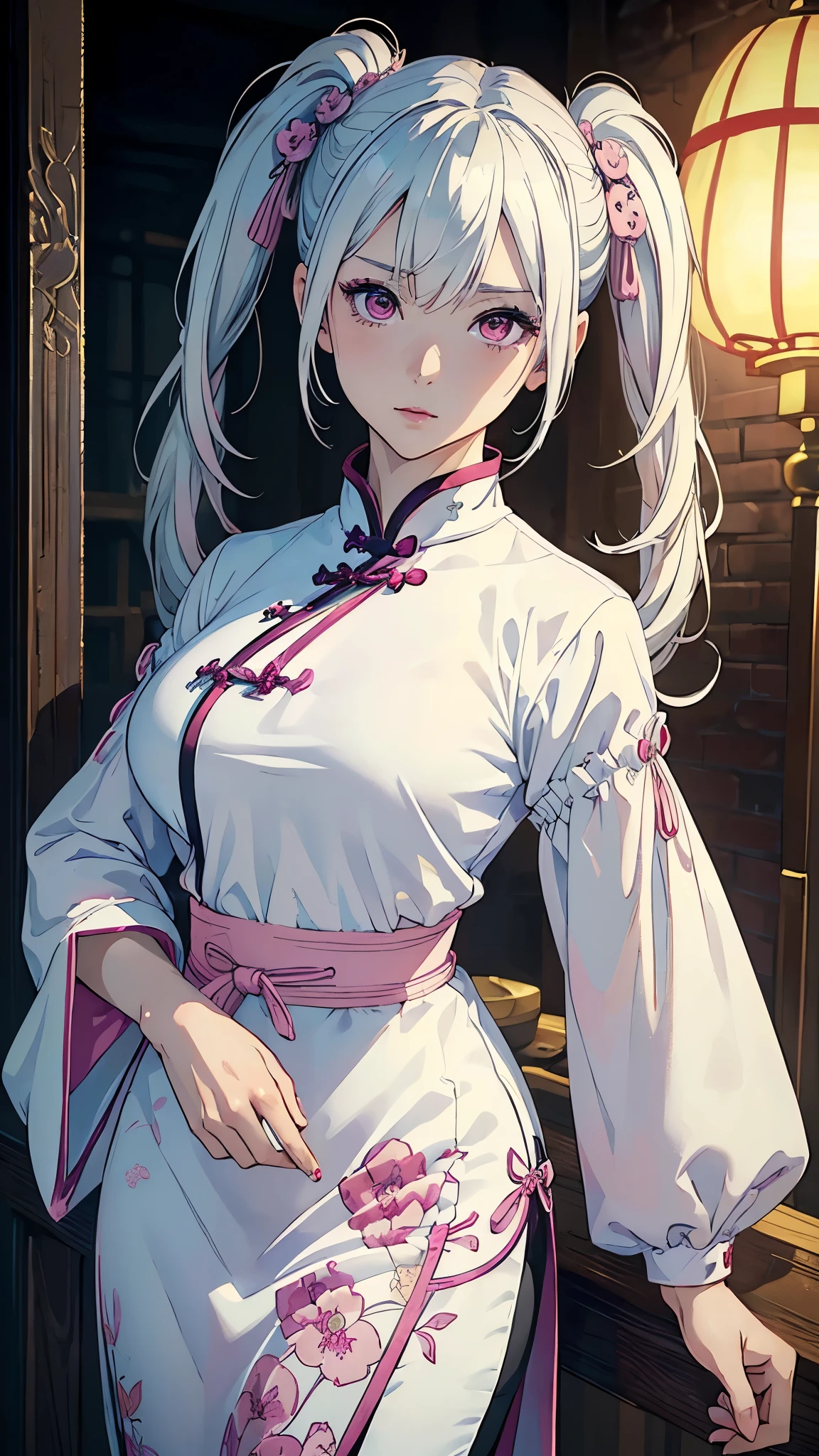 ((masterpiece, best quality)), ((anime girl in the hamlet, vibrant coloring)) (1girl, mature), (solo, half body, closeup), (female focus, mature girl), (white hair, twintail hair),pink eyes, detailed eye, ((qipao clothing)), portraits, dramatic lighting