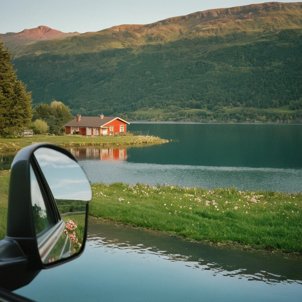 UHD, 4k, ultra detailed, cinematographic, a photograph of Kodak Image of  high image noise:1.2 grain high image:1.2 Kodak Gold 200
Film grain still image of a car mirror with a view of a lake and a House,flower,outdoor,water,tree,nonhuman,traditional media,Grass,land vehicle,building,nature,scenery,House,River,photo background , cinematographic look, movie look, filmic, contrast, detailed, high quality, sharp image, film color, Kodak motion picture film style, Different color, different people, different look, Different style, 35mm film, 16mm film, photographic film, music video style, Artistic style, cinematographic style, Film granularity, film noise, image noise, artistic effect, Fujicolor, fuji film, Analogic photograph, movie style, still film, Film Grain Overlay, film grain style, epic, beautiful lighting, inspiring