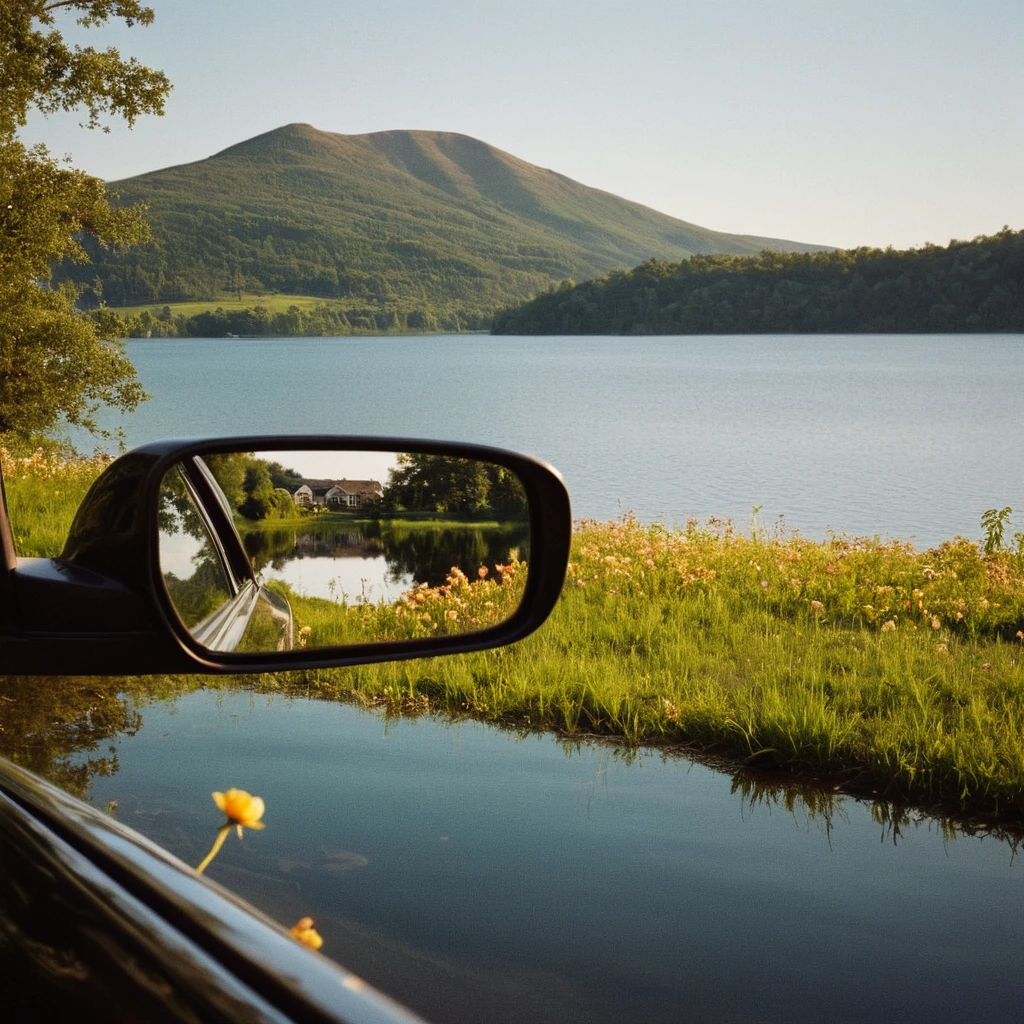 UHD, 4k, ultra detailed, cinematographic, a photograph of Kodak Image of  high image noise:1.2 grain high image:1.2 Kodak Gold 200
Film grain still image of a car mirror with a view of a lake and a House,flower,outdoor,water,tree,nonhuman,traditional media,Grass,land vehicle,building,nature,scenery,House,River,photo background , cinematographic look, movie look, filmic, contrast, detailed, high quality, sharp image, film color, Kodak motion picture film style, Different color, different people, different look, Different style, 35mm film, 16mm film, photographic film, music video style, Artistic style, cinematographic style, Film granularity, film noise, image noise, artistic effect, Fujicolor, fuji film, Analogic photograph, movie style, still film, Film Grain Overlay, film grain style, epic, beautiful lighting, inspiring