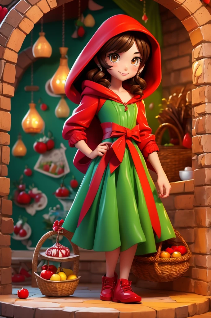 12 year old girl, brown eyes and brown hair with red hooded cape and green dress in cartoon style mixed with anime. (Inspired by the character Little Red Riding Hood): holding a basket of fruit