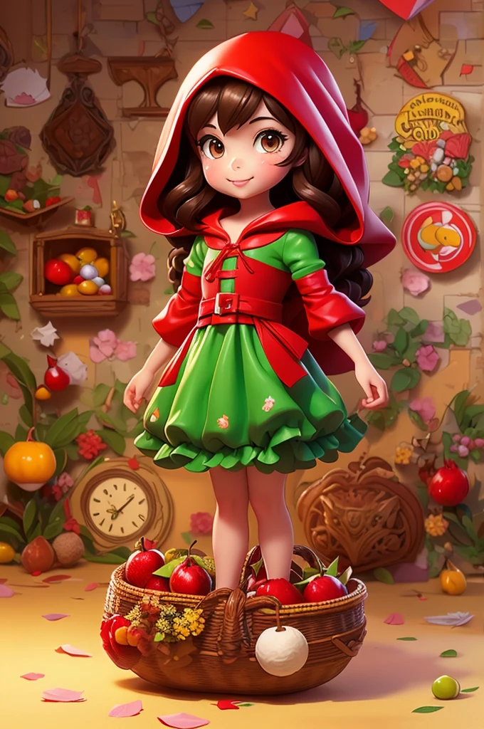 12 year old girl, brown eyes and brown hair with red hooded cape and green dress in cartoon style mixed with anime. (Inspired by the character Little Red Riding Hood): holding a basket of fruit