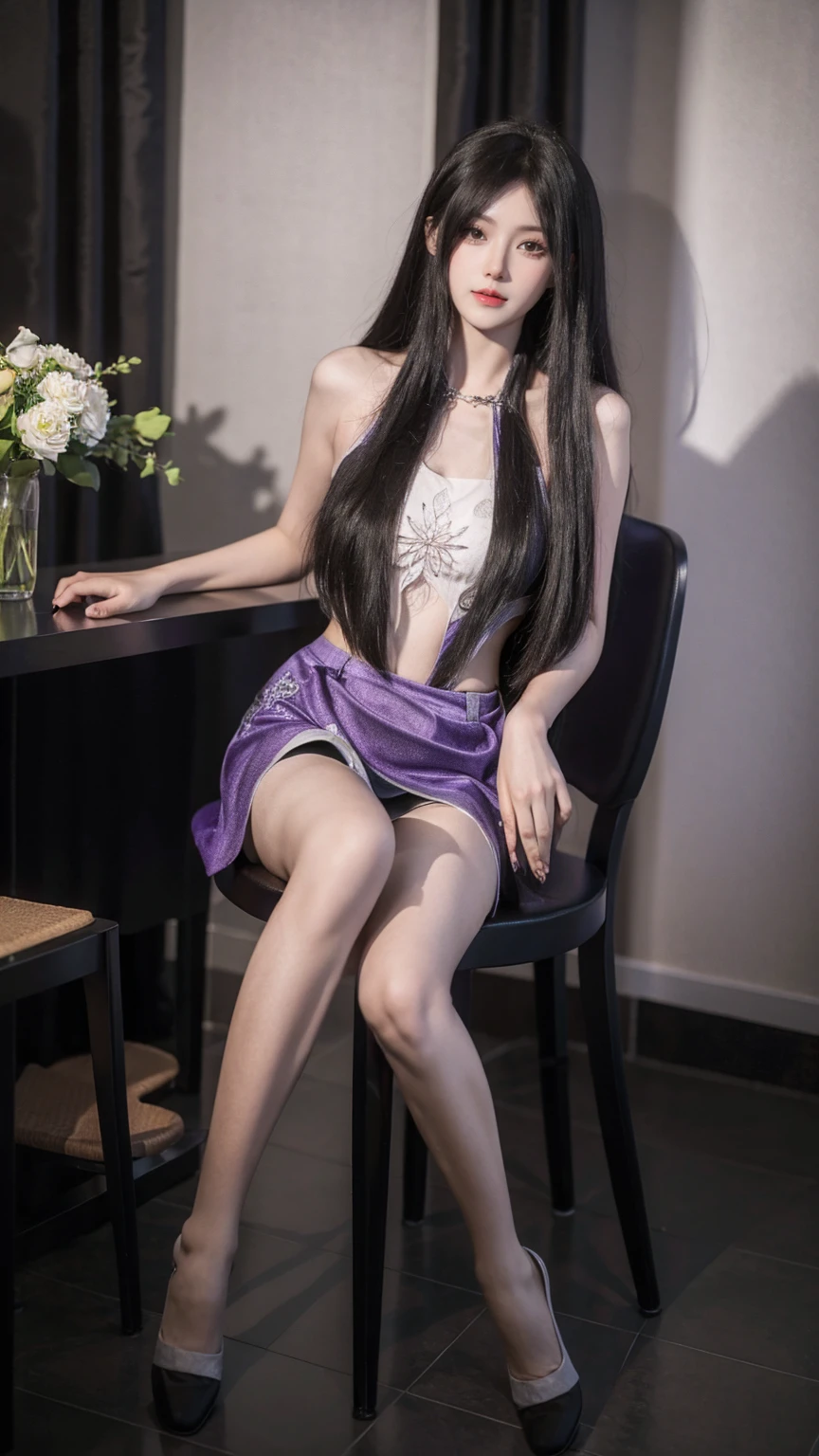 ，Dim Lights，In the bar，Black-haired girl，Wearing a black and purple body-shaping skirt，sit on the chair，Showing long white legs