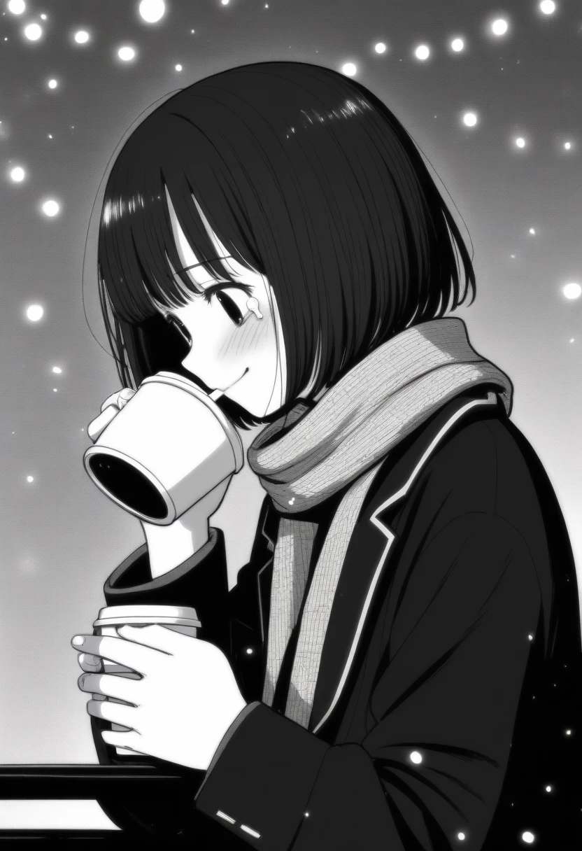 masterpiece, best quality, 1girl, mamerakkkkko, grayscale, manga style, japanese, chi no wadachi, black eyes, street, iced, black hair, schoolbag, smile, lineart, black coat, black scarf, black pleated skirt, leggings, centered, 18 years old, tall, fair skinned, bokeh background, crying, tears, tears streaming, bob cut, light particles, centered, snowing, (((drinking coffee, straw, perfect hand, detailed hand:1.1)), emotional anime scene