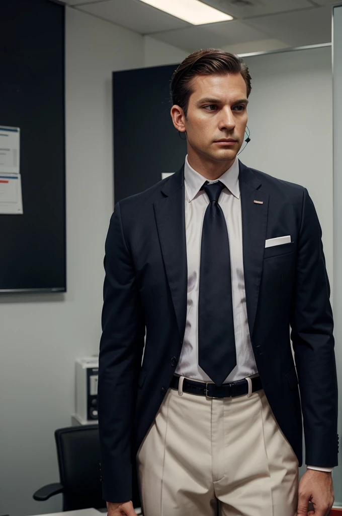 A man dressed as a deputy intelligence officer, wearing a dark navy suit with a white shirt and a solid color tie. He has a badge pinned to his lapel and is holding a communication earpiece in his ear. He has short, neatly groomed hair, a serious expression, and is standing in a modern office setting.