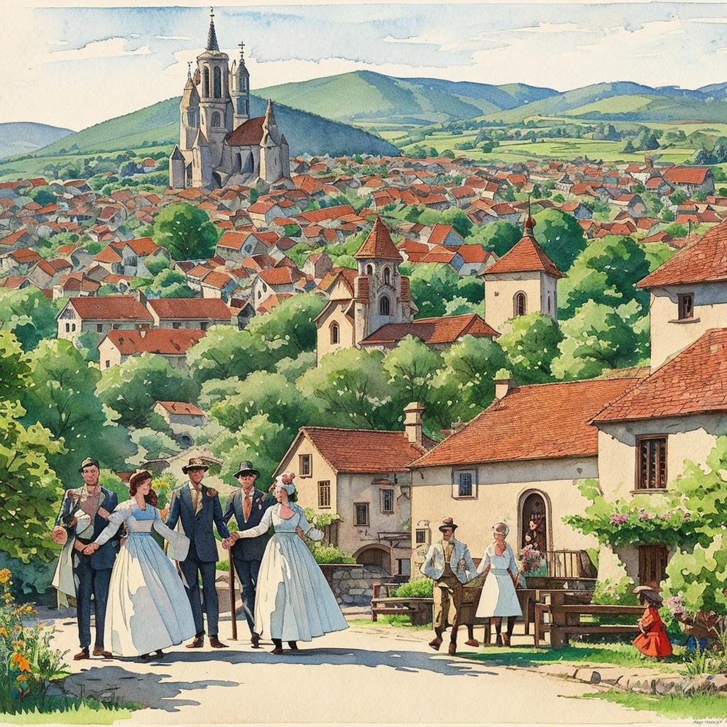 watercolor drawing in Retro-Look, rural saxones village in Transilvania with fortificated church of bazna, man and woman dance, full body shot, in the style of classic Americana, white background, Andrew Loomis style, Masterpiece work of art,