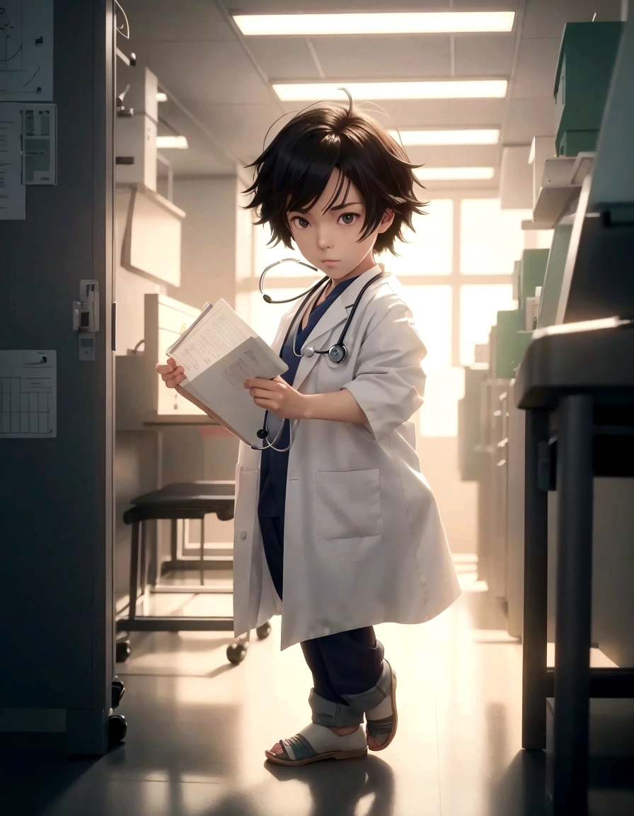 2 year old boy anime character short black hair in lab coat holding clipboard in hallway, doctor, in lab coat, makoto shinkai. digital rendering, (doctor), makoto shinkai. —h 2160, guweiz-style artwork, today's featured anime still, ( (makoto shinkai ) ), with stethoscope