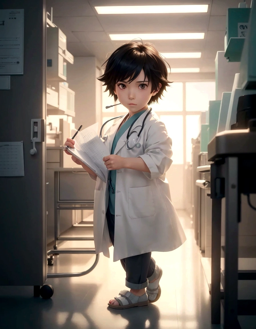 2 boy anime character short black hair in lab coat holding clipboard in hallway, doctor, in lab coat, makoto shinkai. digital rendering, (doctor), makoto shinkai. —h 2160, guweiz-style artwork, today's featured anime still, ( (makoto shinkai ) ), with stethoscope