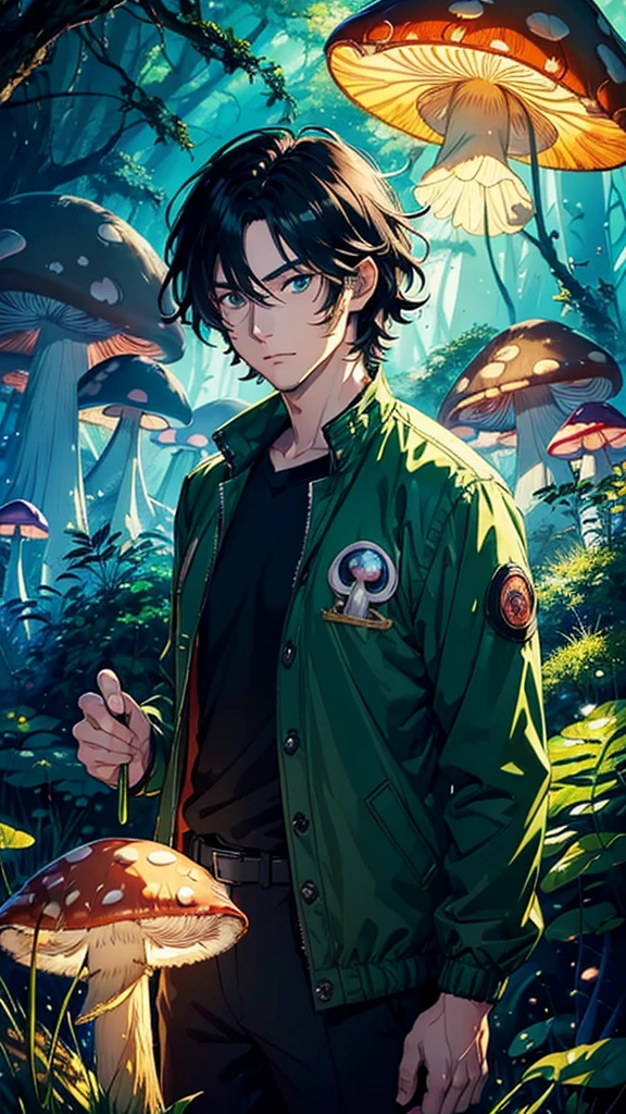 ((masterpiece, best quality)), ((anime man in mushroom forest, vibrant coloring)) (1man, mature), (solo, half body), (male focus, mature male), (black hair, messy hair),green eyes, detailed eye, ((black coach jacket)), portraits, dramatic lighting