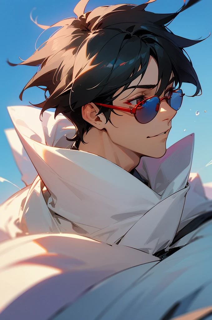 high definition, UHD draw male anime character in profile white skin, medium and messy black hair, but well looked after. Your hair falls over your ears and the back of your neck. The character is blind and wears sunglasses with red lenses and silver frames to hide his blindness.. fine nose, relaxed and confident appearance, corner smile.
Blue background in blurred style.