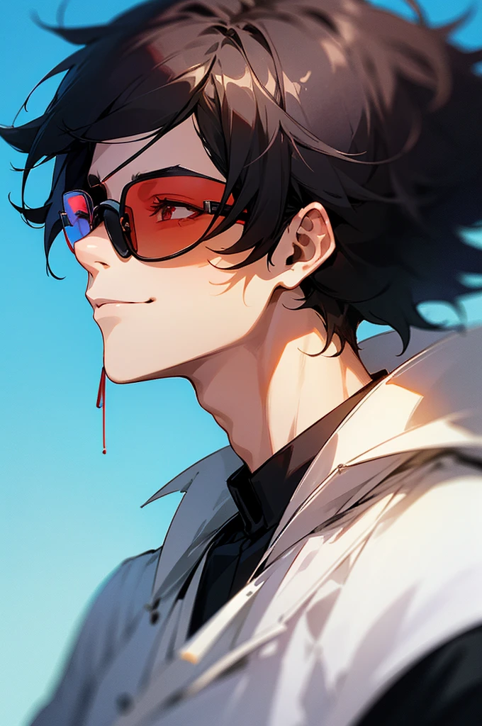 high definition, UHD draw male anime character in profile white skin, medium and messy black hair, but well looked after. Your hair falls over your ears and the back of your neck. The character is blind and wears sunglasses with red lenses and silver frames to hide his blindness.. fine nose, relaxed and confident appearance, corner smile.

Blue background in blurred style.