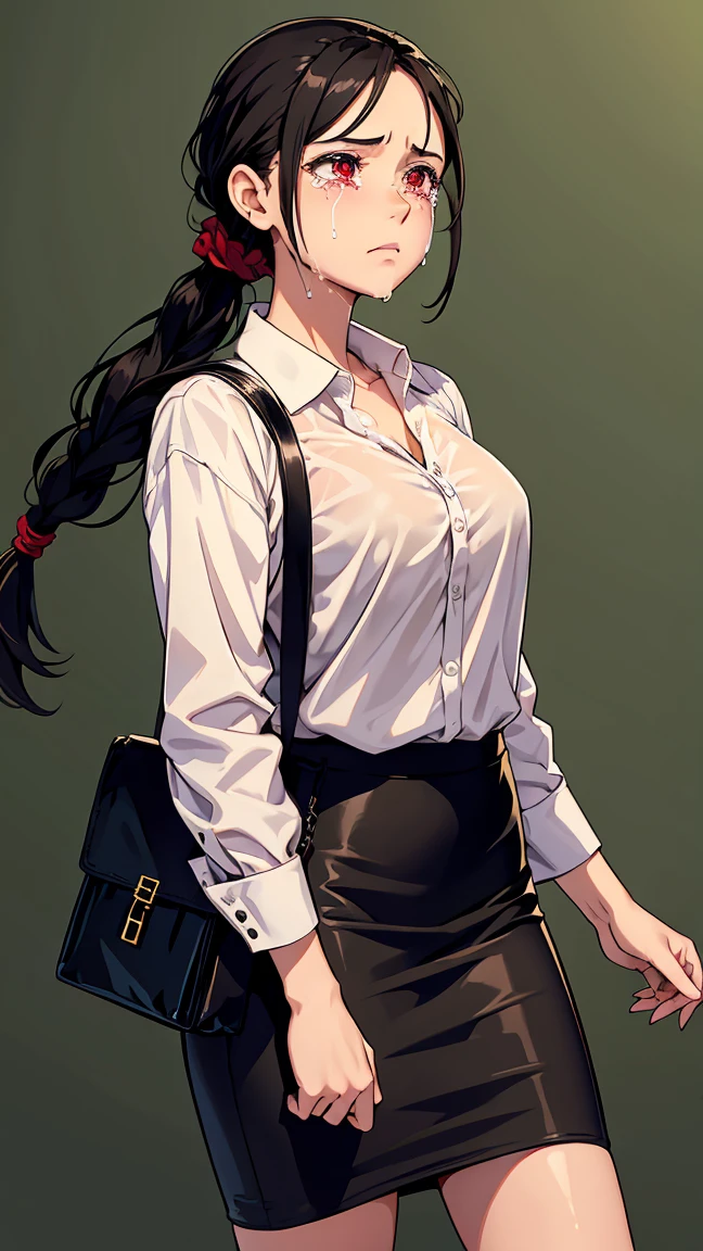 Girl1,alone,cowboy shot,triangle face,red eyes,black hair,braided ponytail hairstyle,(blouse,Pencil skirt,bag,),((Crying,Tears)),highly detailed,HD,green background