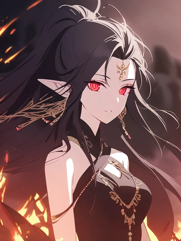 1woman, seriy, elven, dark god, fire black hair, longest hairstyle, glowing red eyes, black rose, black Knight, elegant, traditional thai costume,