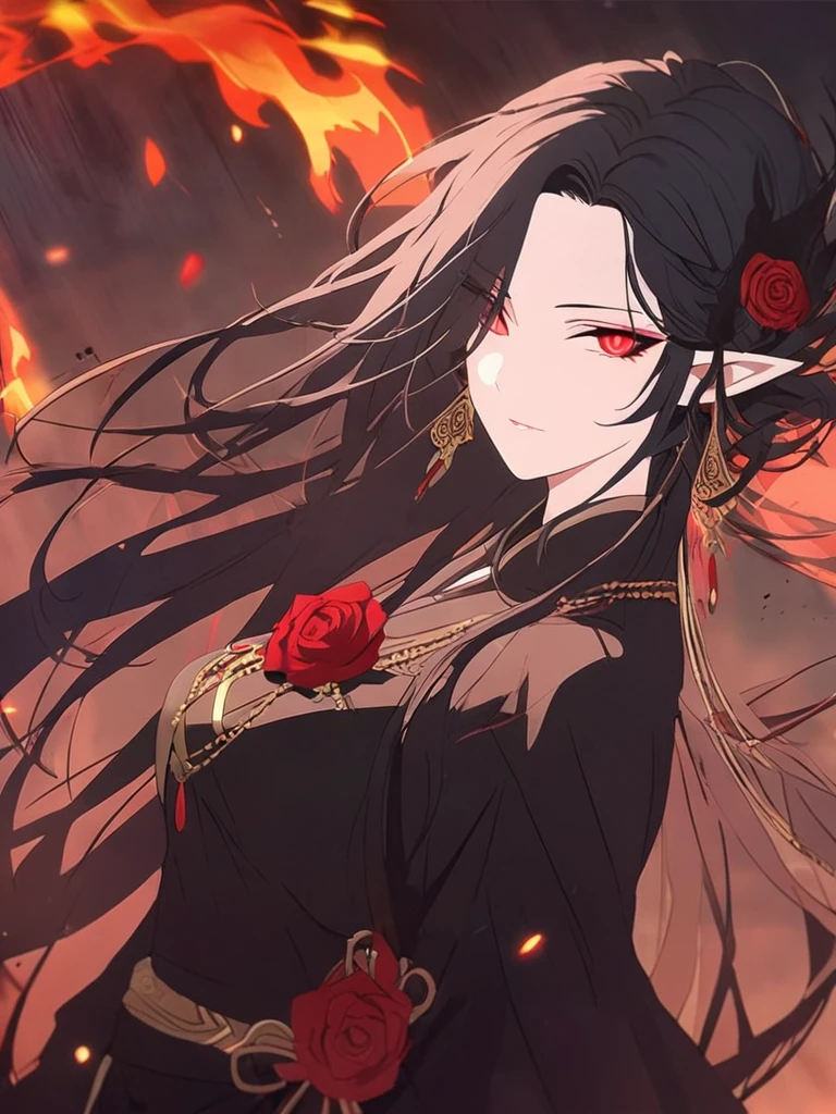 1woman, seriy, elven, dark god, fire black hair, longest hairstyle, glowing red eyes, black rose, black Knight, elegant, traditional thai costume,