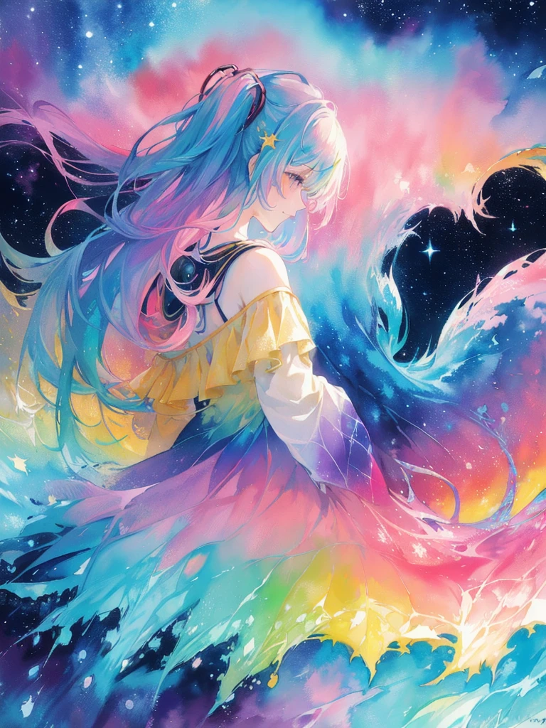 (masterpiece, top quality, best quality,watercolor (medium),official art, beautiful and aesthetic:1.2),(1girl:1.3), (fractal art:1.3),upper body, from side, looking at viewer,patterns,(rainbow color Hair,colorful hair,half blue and half pink hair:1.2),water,liquid, cloud,colorful, starry,stars, hatsune miku