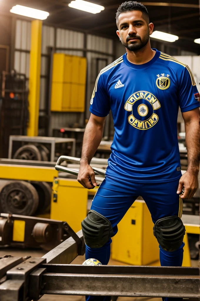 Man wearing a soccer team shirt (club america) while welding