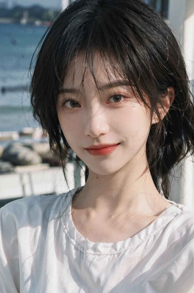 1 girl,short hair,Smile,serene, calm,White shirt,Moles under the eyes,Exquisite eyes, Delicate face,Lipstick,earrings,Hair details, (Large Breasts:1.0),outdoor,Seaside background,seaside,(Skin details:1.4),(Realistic and detailed eyes:1.2), Natural skin texture, Realistic facial details,Close-up of face,Portrait Photography,(Portrait Photography:1.1), (smooth skin textures:1.3), (Highest quality real skin textures:1.4), Direct vision,Soft dramatic lighting, Vivid details, 35 mm film, (Photo Practical:1.4), (hyper Practical:1.4), (Practical:1.3), (Smoother lighting:1.05), (Improve lighting quality:0.9), (Enhance the beauty of skin texture:1.1), Depth of Field, Bokeh, Surrealism, Ray Tracing, ( Surrealism, High Detail, Chiaroscuro, Ray Tracing, reflected light, Ultra HD, Ultra HD, masterpiece, Textured Skin, Super Detail, High Detail, high quality, best quality