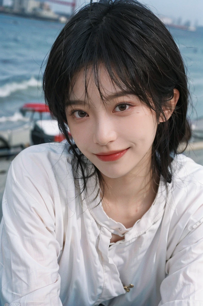 1 girl,short hair,Smile,serene, calm,White shirt,Moles under the eyes,Exquisite eyes, Delicate face,Lipstick,earrings,Hair details, (Large Breasts:1.0),outdoor,Seaside background,seaside,(Skin details:1.4),(Realistic and detailed eyes:1.2), Natural skin texture, Realistic facial details,Close-up of face,Portrait Photography,(Portrait Photography:1.1), (smooth skin textures:1.3), (Highest quality real skin textures:1.4), Direct vision,Soft dramatic lighting, Vivid details, 35 mm film, (Photo Practical:1.4), (hyper Practical:1.4), (Practical:1.3), (Smoother lighting:1.05), (Improve lighting quality:0.9), (Enhance the beauty of skin texture:1.1), Depth of Field, Bokeh, Surrealism, Ray Tracing, ( Surrealism, High Detail, Chiaroscuro, Ray Tracing, reflected light, Ultra HD, Ultra HD, masterpiece, Textured Skin, Super Detail, High Detail, high quality, best quality