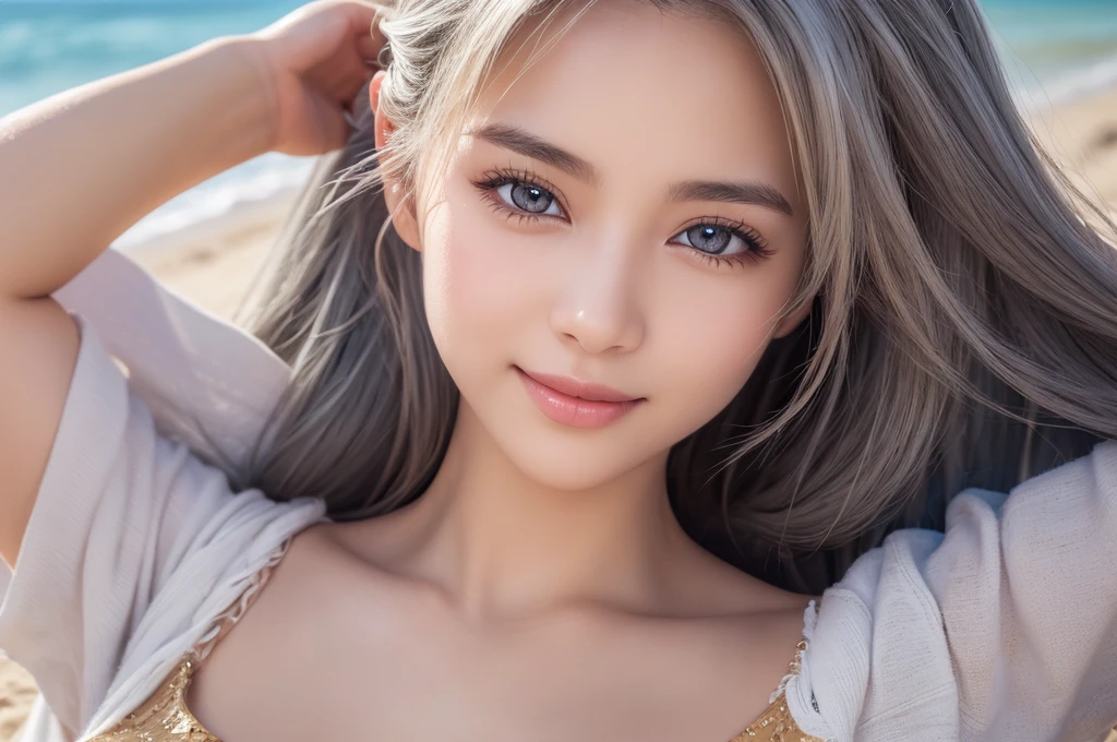 Lying on the beach、Sandy Beach、blue sky、smile,1 girl, Big , (8K, RAW Photos, High sensitivity, Highest quality, masterpiece, Ultra High resolution, realism: 1.25), blush, (非常にdetailedなCGユニティ8K壁紙, Highest quality, High resolution: 1.2), (Ultra_detailed, 超High resolution: 1.2), Individuality, (1 girl: 1.4), (pretty girl: 1.2), Unreal Engine, Gray Hair, Perfect Face, Perfect body, Beautiful Eyes, Beautiful Face, (Light Skin: 1.4),Model Beauty,transparent,