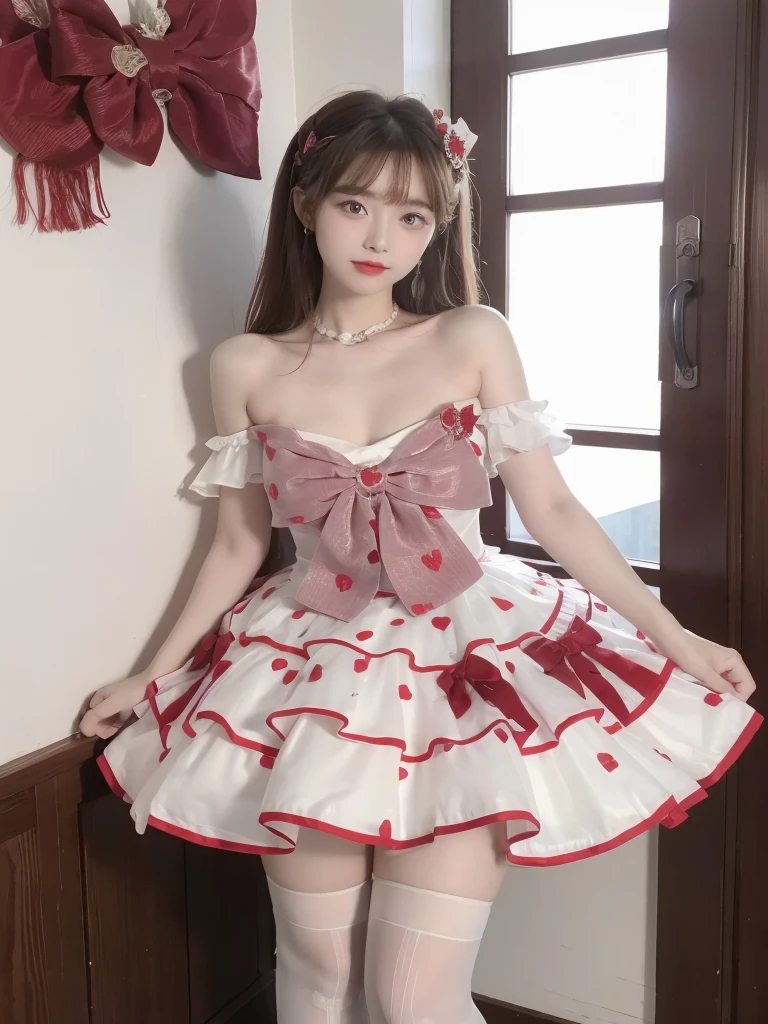 WHAT,bow,crinoline, ((Large Breasts)), ((D cup)), Visible cleavage，Highly detailed face and skin texture，((Bare shoulder)), Double eyelids，Skin Whitening，Long hair，Whitening long legs，Standing by the sea, Fashion Girl, Red lips, Sweet Girl, Beautiful makeup, detail, lifelike, Very detailed, Astonishing, beautiful, Young and energetic, high quality，HD, Colorful， Beautifully, Smooth skin, The skirt is very short, Official Art, Extremely detailed, Movie atmosphere, Soft colors, Natural skin texture, Random scene, random shooting Angle, Black over-the-knee socks, lace hem