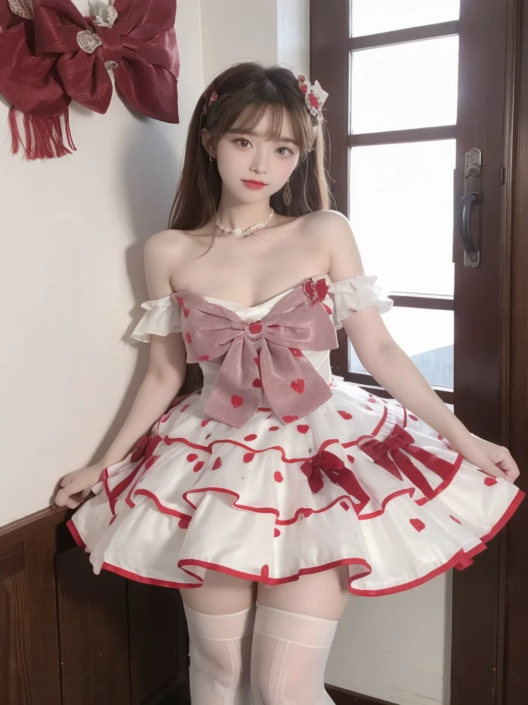 WHAT,bow,crinoline, ((Large Breasts)), ((D cup)), Visible cleavage,Highly detailed face and skin texture,((Bare shoulder)), Double eyelids,Skin Whitening,Long hair,Whitening long legs,Standing by the sea, Fashion Girl, Red lips, Sweet Girl, Beautiful makeup, detail, lifelike, Very detailed, Astonishing, beautiful, Young and energetic, high quality,HD, Colorful, Beautifully, Smooth skin, The skirt is very short, Official Art, Extremely detailed, Movie atmosphere, Soft colors, Natural skin texture, Random scene, random shooting Angle, Black over-the-knee socks, lace hem