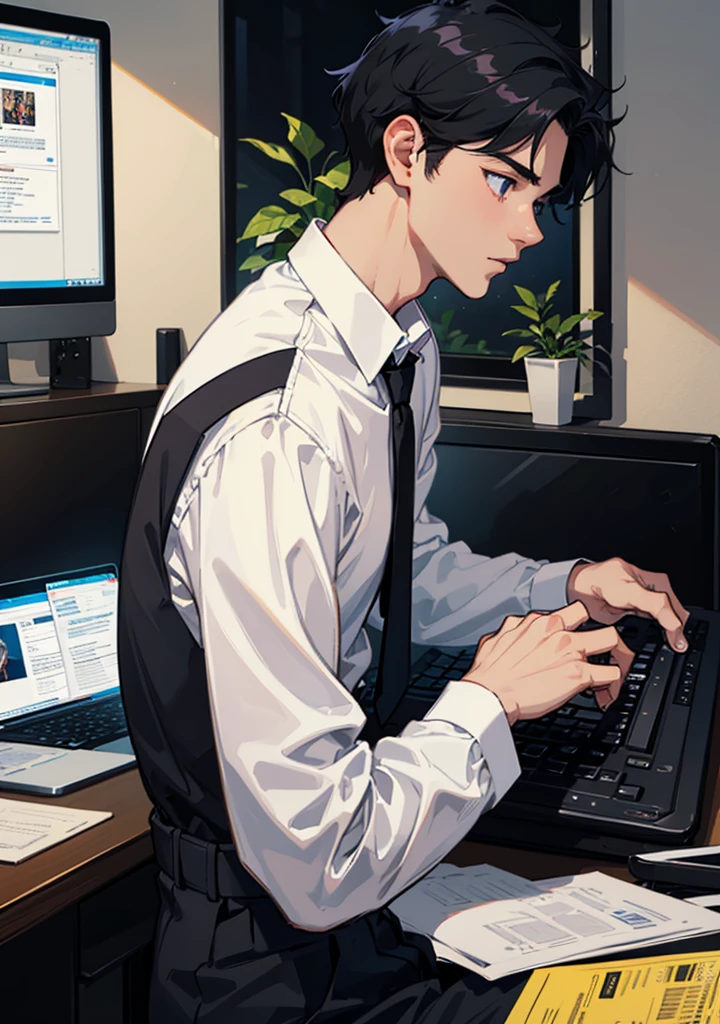 A university boy in white shirt with black necktie, short black hair, playing the best funny computer game in his room and have noodle cups beside him on the computer table