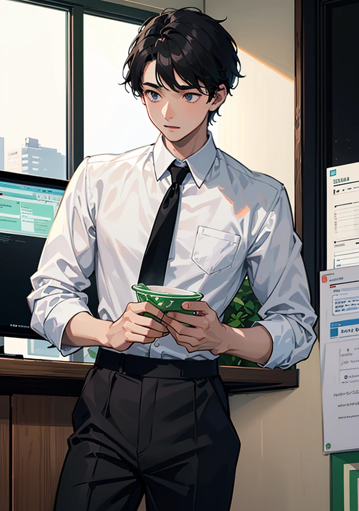 A university boy in white shirt with black necktie, short black hair, playing the best funny computer game in his room and have noodle cups beside him on the computer table