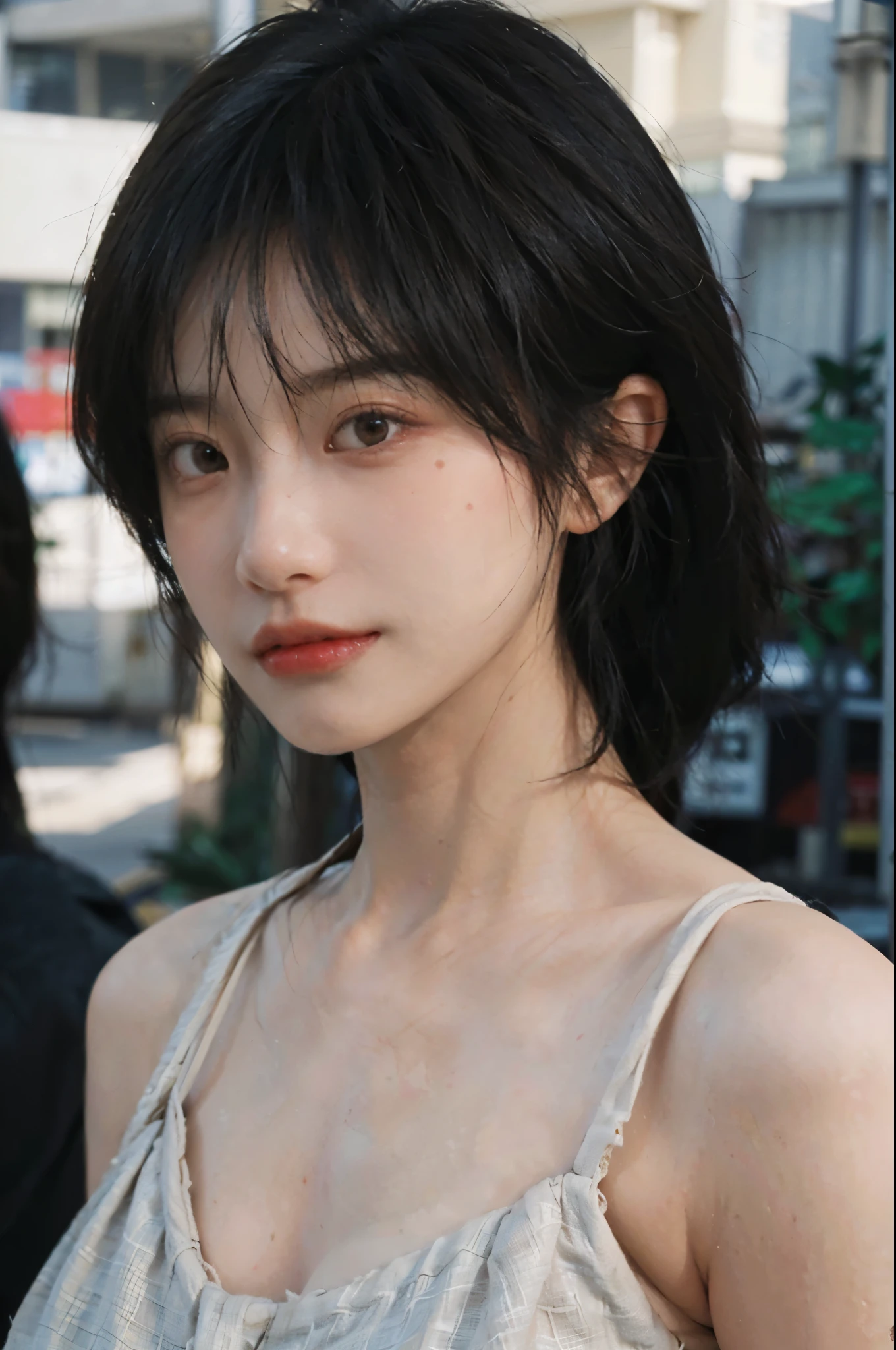 (Skin details:1.4), (smooth skin textures:1.3), Lipstick, background, Direct vision, earrings, serene, calm, (Realistic and detailed eyes:1.2), (Large Breasts:1.0),Natural skin texture, Realistic facial details, Soft dramatic lighting, Vivid details, 35 mm film, outdoor, (Photo Practical:1.4), (hyper Practical:1.4), (Practical:1.3), (Smoother lighting:1.05), (Improve lighting quality:0.9), (Highest quality real skin textures:1.4), Exquisite eyes, Delicate face, Close-up of face, (Enhance the beauty of skin texture:1.1), Hair details, model,normal body ratio, short hair, Moles under the eyes, A faint smile,公园background,Portrait Photography, Depth of Field, Bokeh, Surrealism, Ray Tracing, (Portrait Photography:1.1), Surrealism, High Detail, Chiaroscuro, Ray Tracing, reflected light, Ultra HD, Ultra HD, masterpiece, Textured Skin, Super Detail, High Detail, high quality, best quality