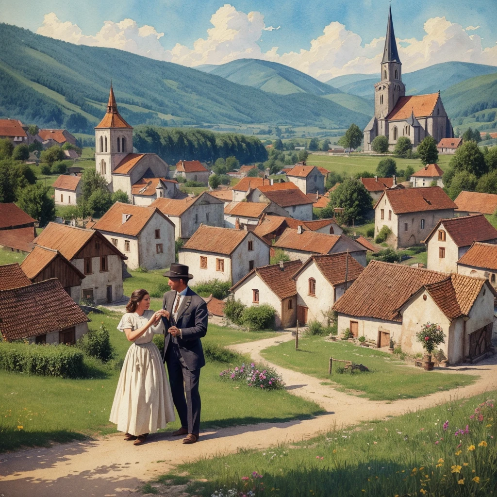 watercolor drawing in Retro-Look, rural saxones village in Transilvania with fortificated church of bazna, man and woman dance, full body shot, in the style of classic Americana, white background, Andrew Loomis style, Masterpiece work of art,