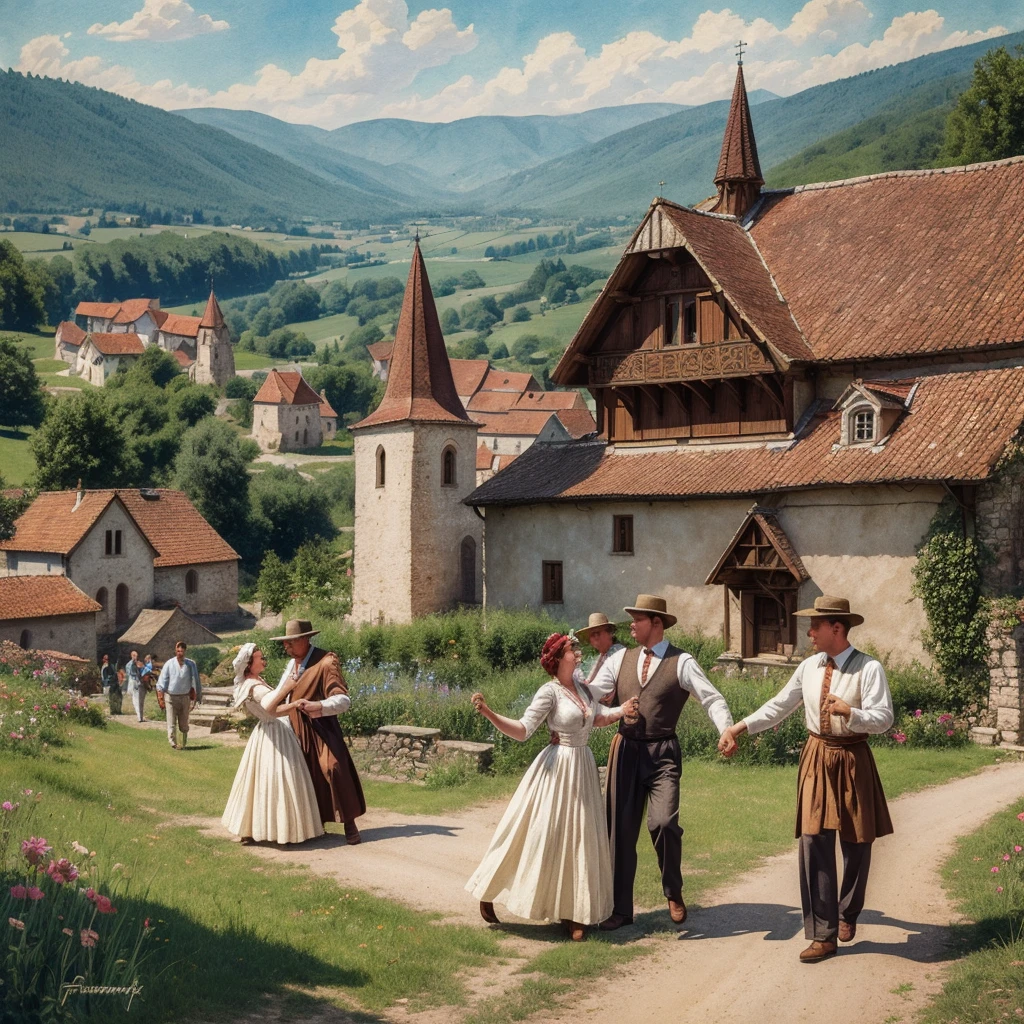 watercolor drawing in Retro-Look, rural saxones village in Transilvania with fortificated church of bazna, man and woman dance, full body shot, in the style of classic Americana, white background, Andrew Loomis style, Masterpiece work of art,
