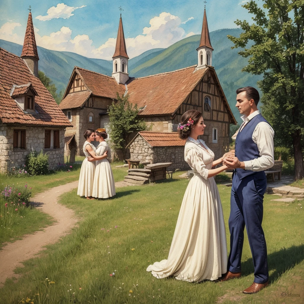 watercolor drawing in Retro-Look, rural saxones village in Transilvania with fortificated church of bazna, man and woman dance, full body shot, in the style of classic Americana, white background, Andrew Loomis style, Masterpiece work of art,