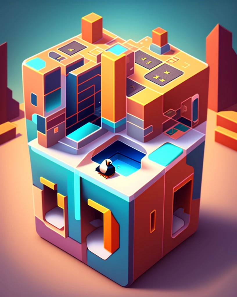 Cube penguin looking for treasure chest on puzzle map, trending on Art Station, Monument Valley, Level Design, Low Poly, Isometric Art, 3D Art, High Detail, Art Station, Concept Art, behance, Ray Tracing, Smooth, Clear focus, Ethereal Lights