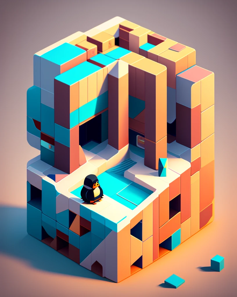 Cube penguin looking for treasure chest on puzzle map, trending on Art Station, Monument Valley, Level Design, Low Poly, Isometric Art, 3D Art, High Detail, Art Station, Concept Art, behance, Ray Tracing, Smooth, Clear focus, Ethereal Lights