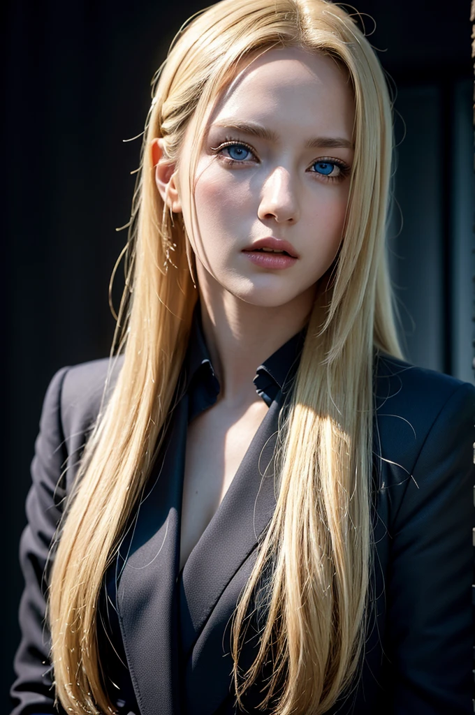 Best quality, masterpiece, ultra high res, (photorealistic:1.4), raw photo, 1girl, blonde hair, blue eyes, detailed eyes and face, black suit, dynamic lighting, in the dark, deep shadow, low key, cowboy shot full-lenght body